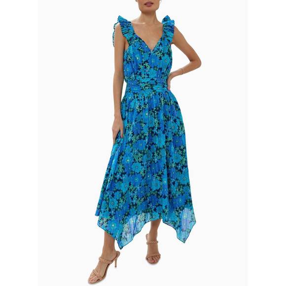 NEW RAMY BROOK greta midi dress in tropical blue retro floral - Picture 1 of 1